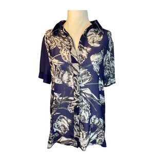 Derek‎ Lam 10 Crosby Button Down Shirt Blue White Floral Sheer Short Sleeve S